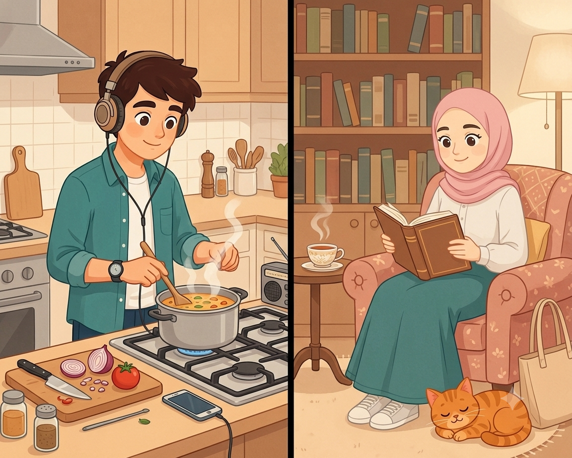 مراد يطبخ ويستمع للموسيقى، إيليف تقرأ كتاباً